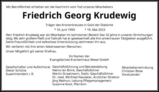 Traueranzeige von Friedrich Georg Krudewig von Rheinische Post