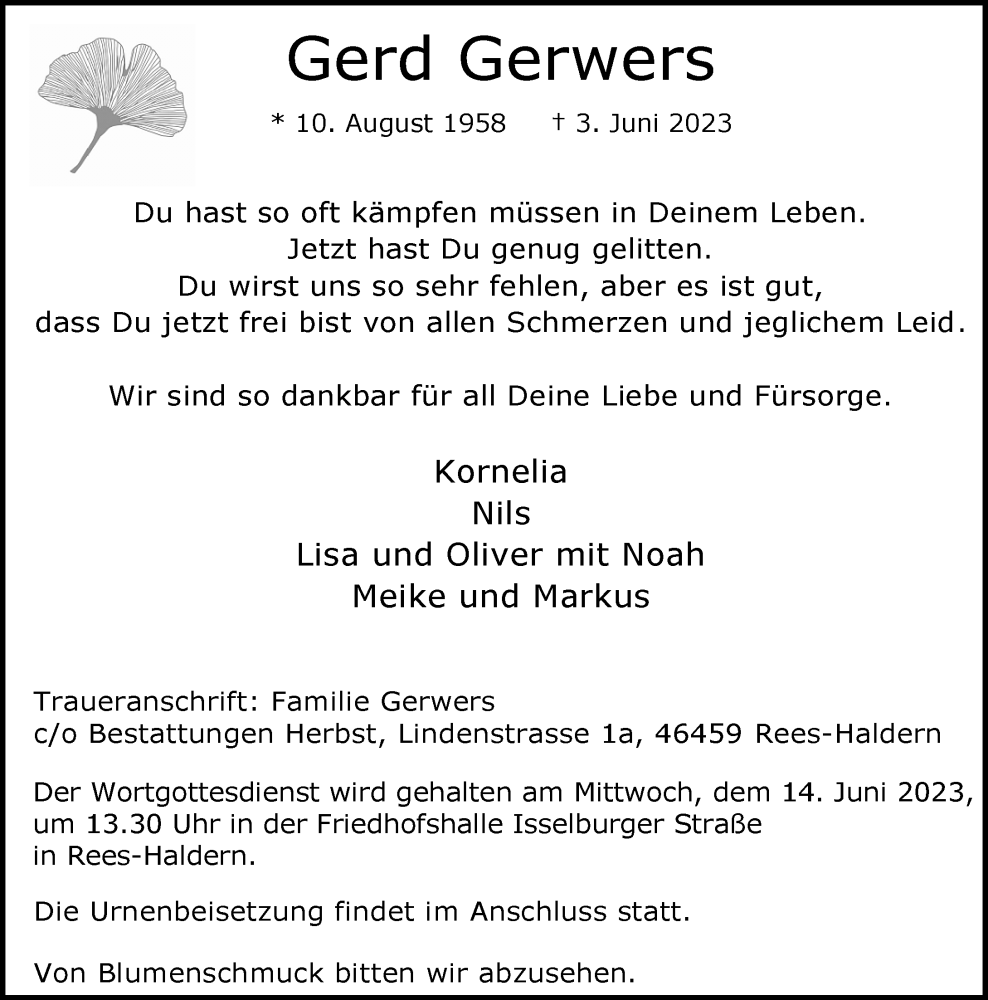  Traueranzeige für Gerd Gerwers vom 07.06.2023 aus Rheinische Post