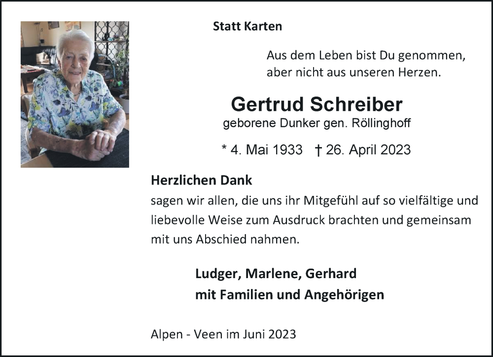  Traueranzeige für Gertrud Schreiber vom 17.06.2023 aus Rheinische Post