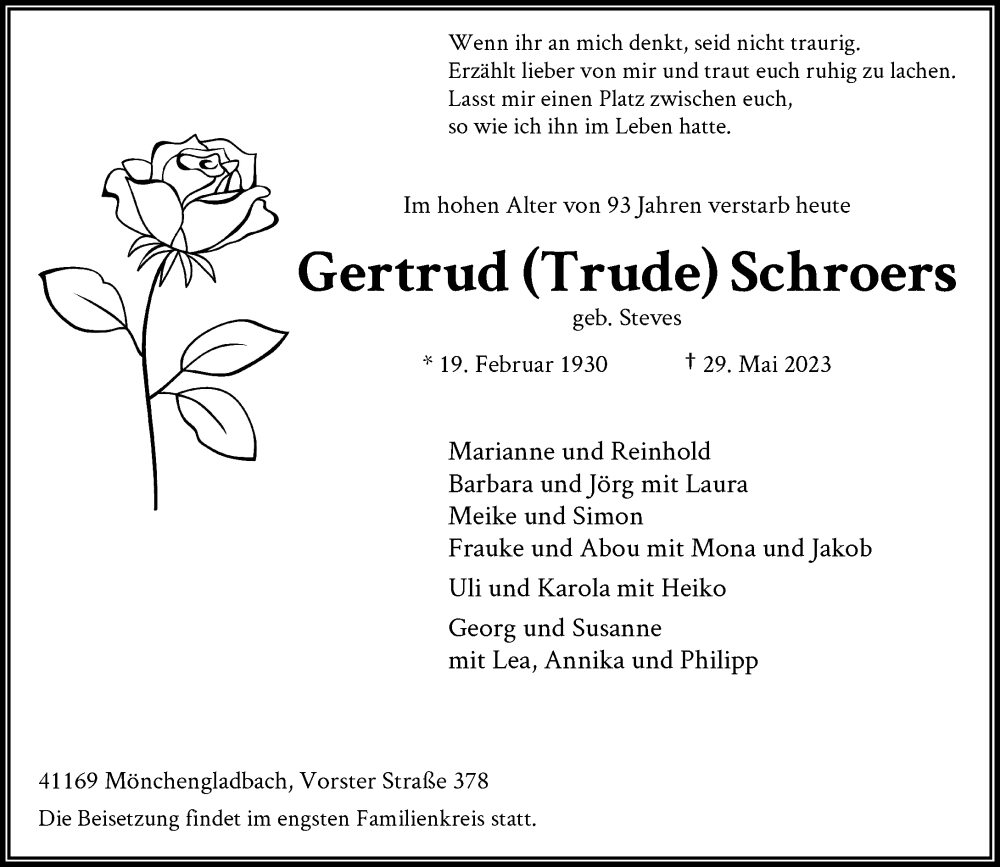 Traueranzeige für Gertrud Schroers vom 03.06.2023 aus Rheinische Post