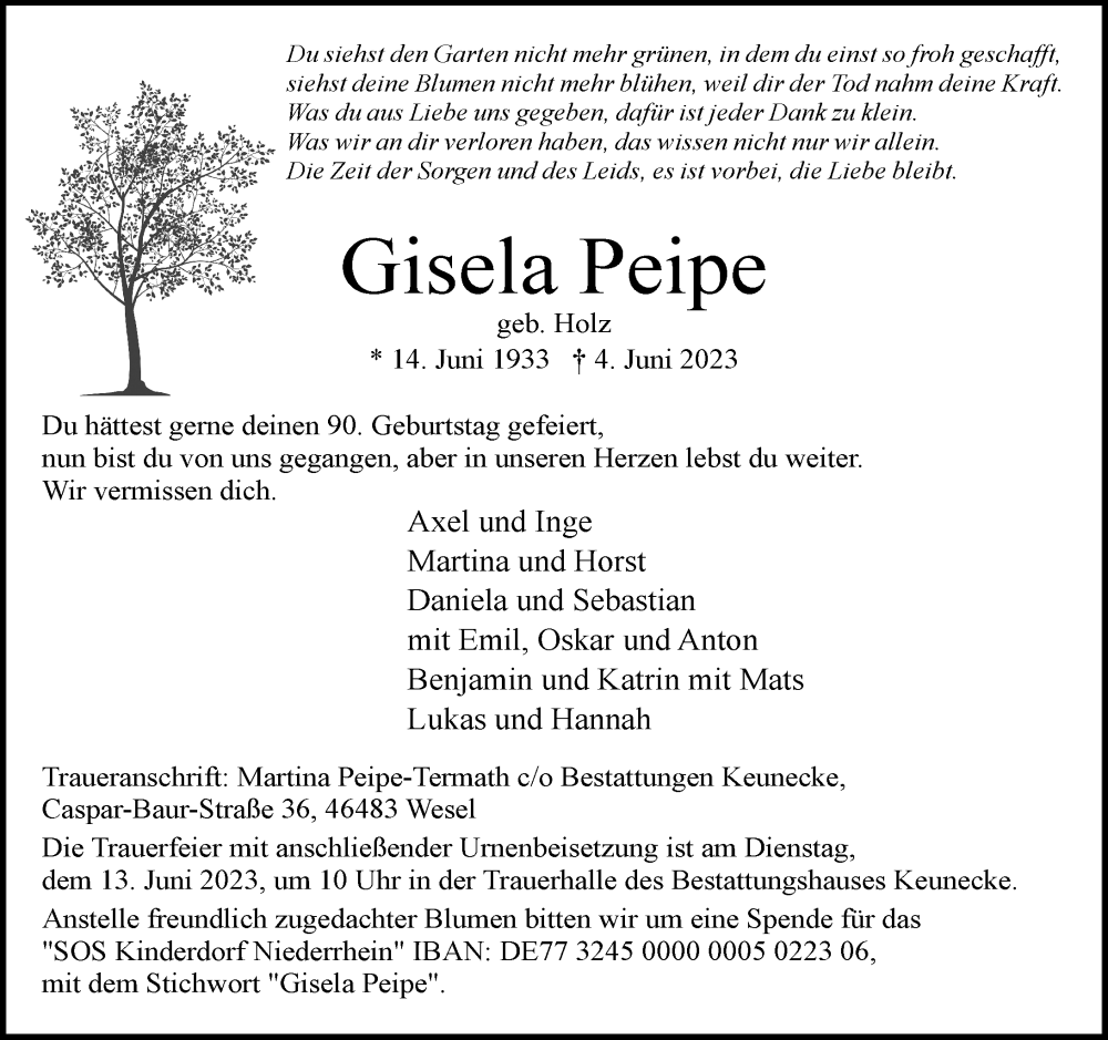  Traueranzeige für Gisela Peipe vom 07.06.2023 aus Rheinische Post