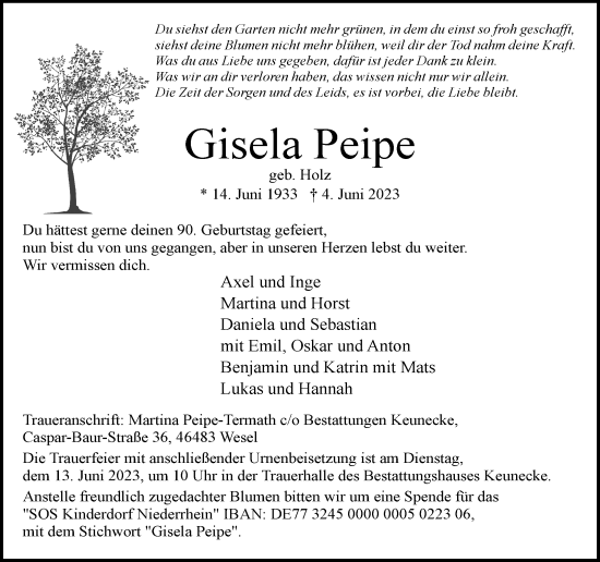 Traueranzeige von Gisela Peipe von Rheinische Post
