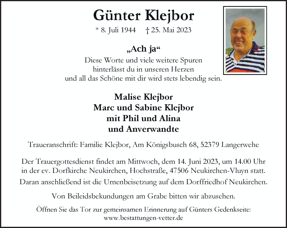  Traueranzeige für Günter Klejbor vom 03.06.2023 aus Rheinische Post