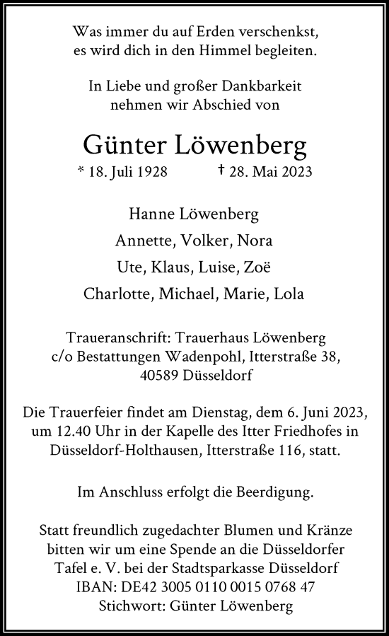Traueranzeige von Günter Löwenberg von Rheinische Post