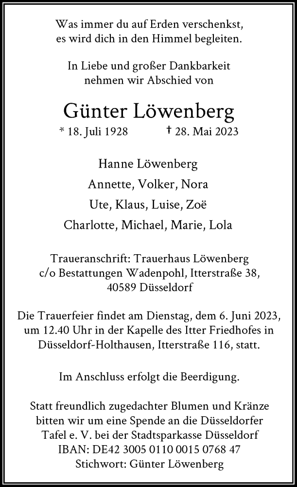  Traueranzeige für Günter Löwenberg vom 03.06.2023 aus Rheinische Post