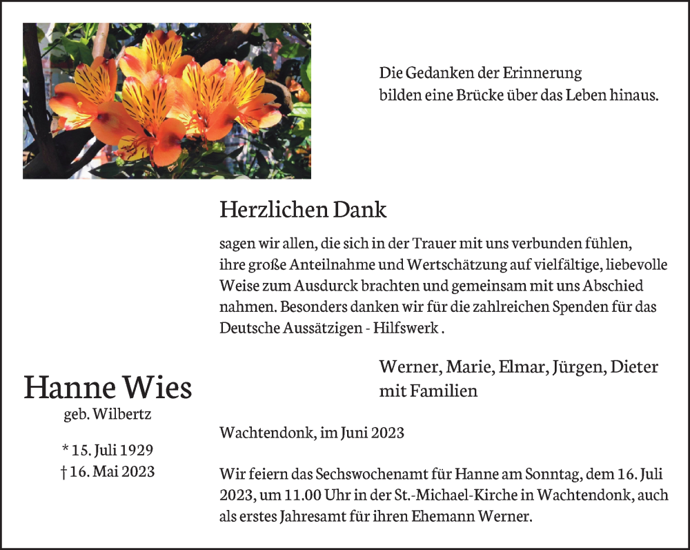  Traueranzeige für Hanne Wies vom 24.06.2023 aus Rheinische Post