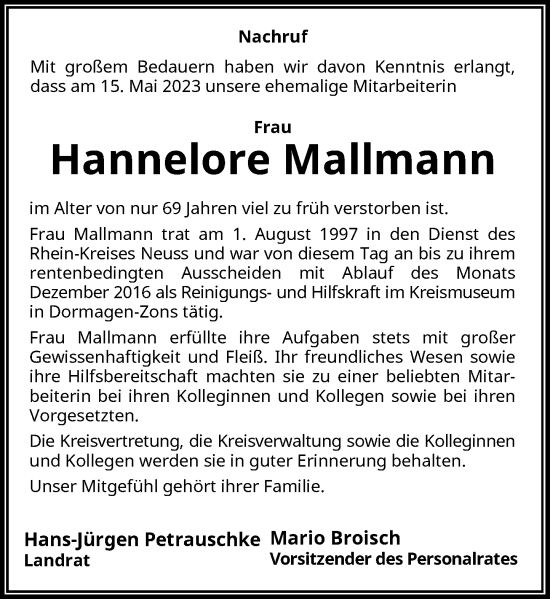 Traueranzeige von Hannelore Mallmann von Rheinische Post