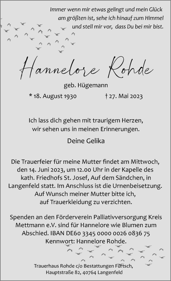Traueranzeige von Hannelore Rohde von Rheinische Post