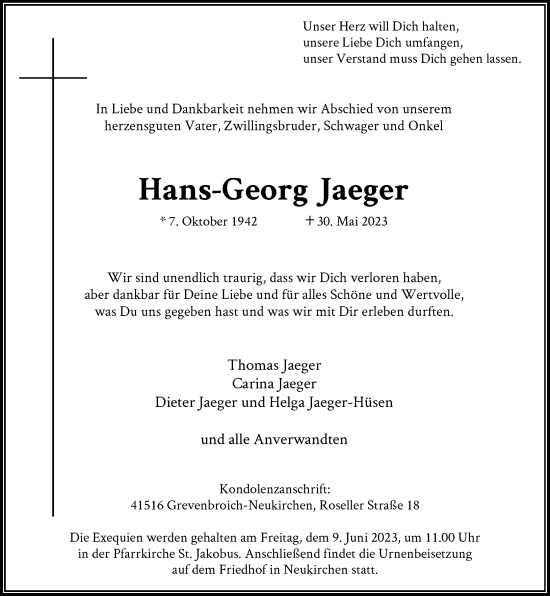 Traueranzeige von Hans-Georg Jaeger von Rheinische Post