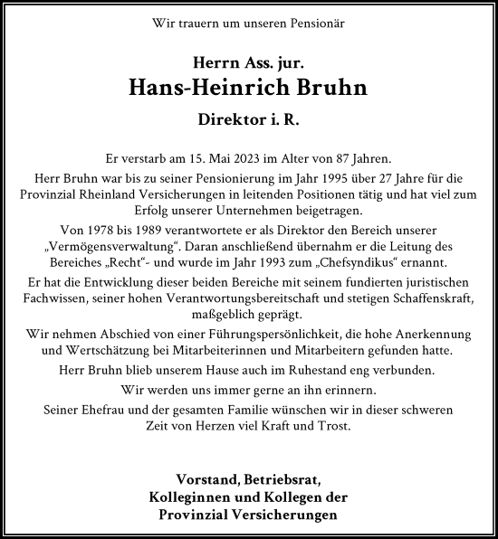 Traueranzeige von Hans-Heinrich Bruhn von Rheinische Post