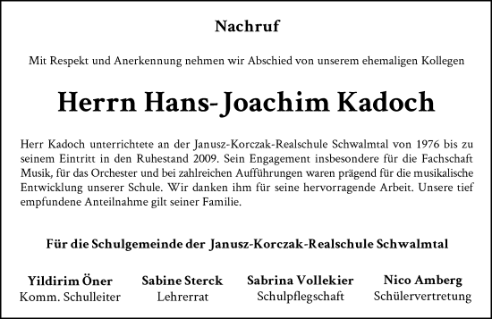 Traueranzeige von Hans-Joachim Kadoch von Rheinische Post