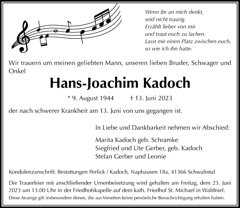  Traueranzeige für Hans-Joachim Kadoch vom 17.06.2023 aus Rheinische Post