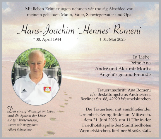 Traueranzeige von Hans-Joachim  Romeni von Rheinische Post