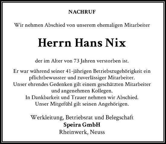 Traueranzeige von Hans Nix von Rheinische Post