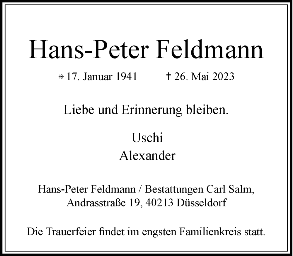  Traueranzeige für Hans-Peter Feldmann vom 03.06.2023 aus Rheinische Post