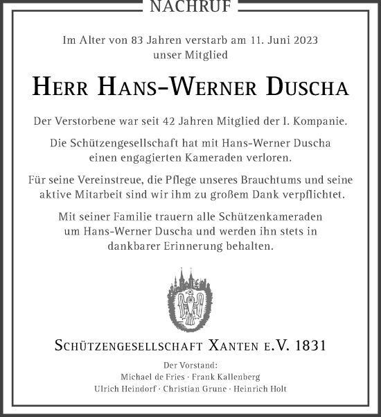Traueranzeige von Hans-Werner Duscha von Rheinische Post