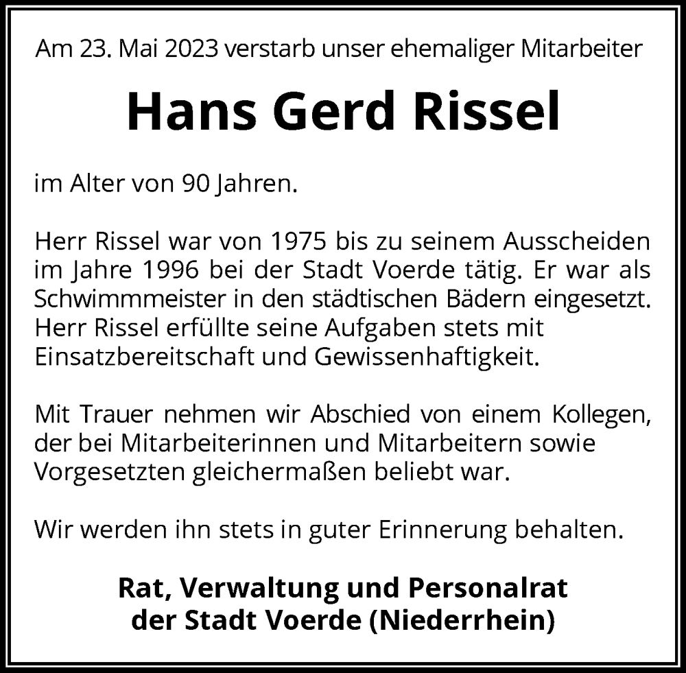  Traueranzeige für Hans Gerd Rissel vom 07.06.2023 aus Rheinische Post