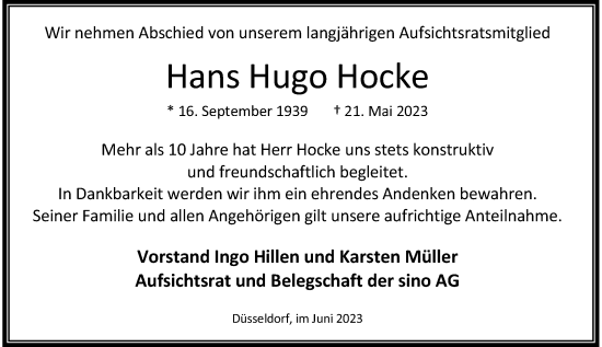 Traueranzeige von Hans Hugo Hocke von Rheinische Post