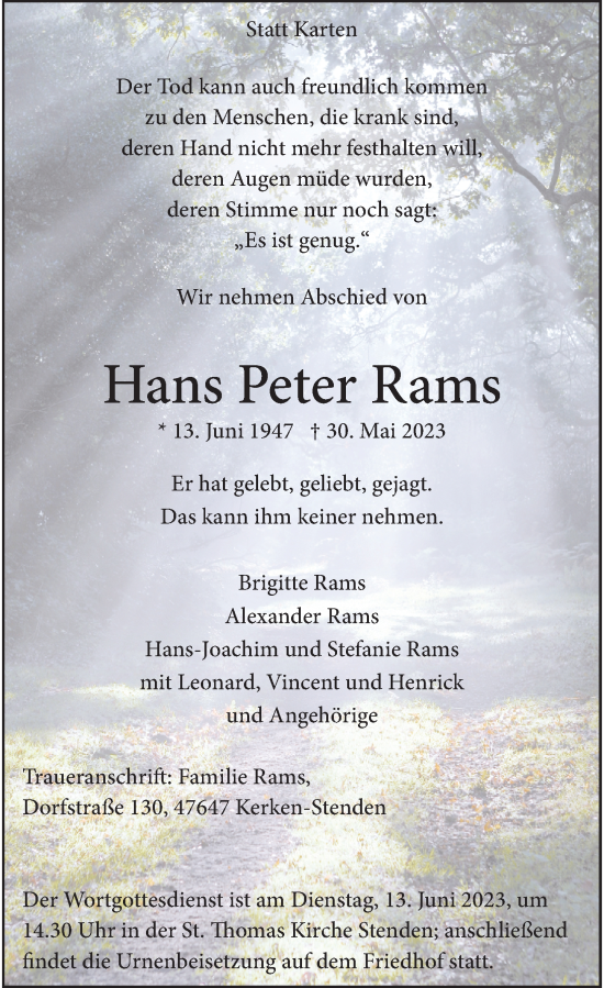 Traueranzeige von Hans Peter Rams von Rheinische Post