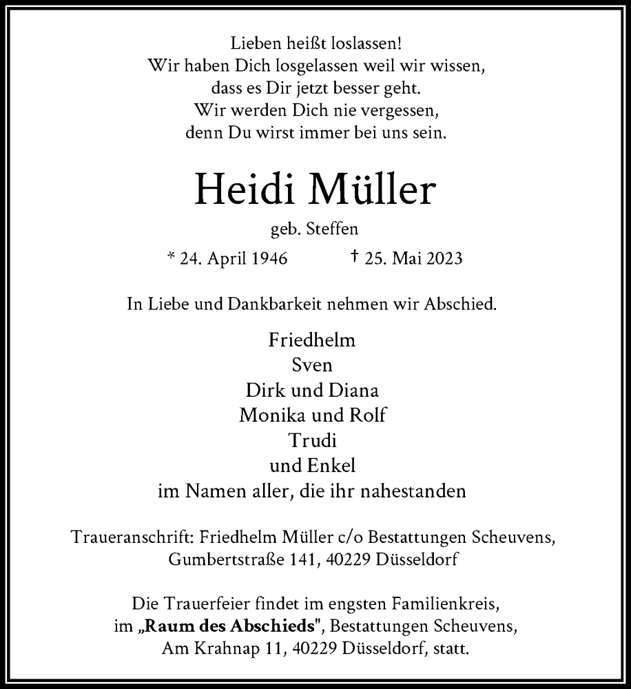  Traueranzeige für Heidi Müller vom 03.06.2023 aus Rheinische Post