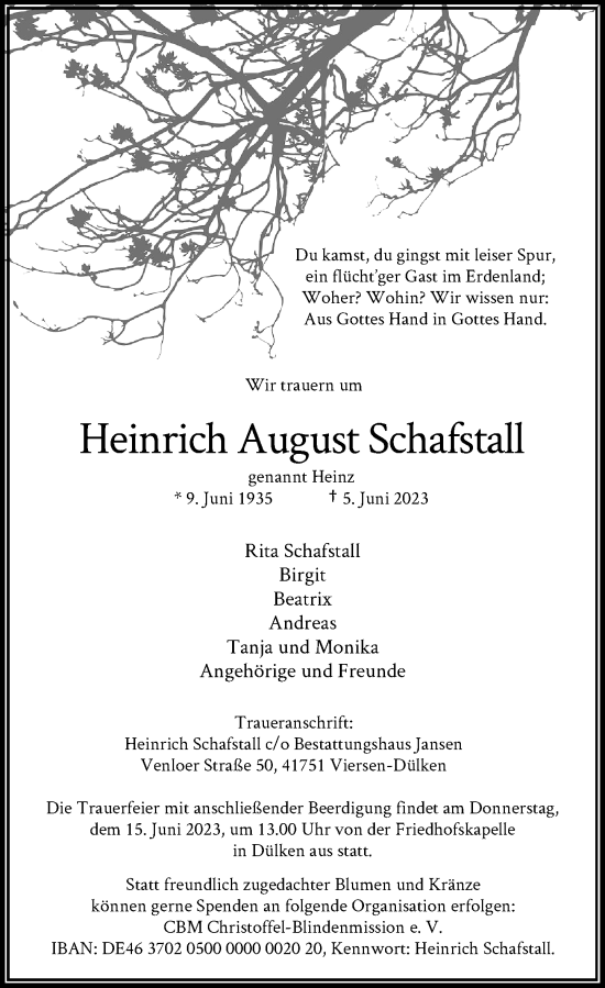 Traueranzeige von Heinrich August Schafstall von Rheinische Post