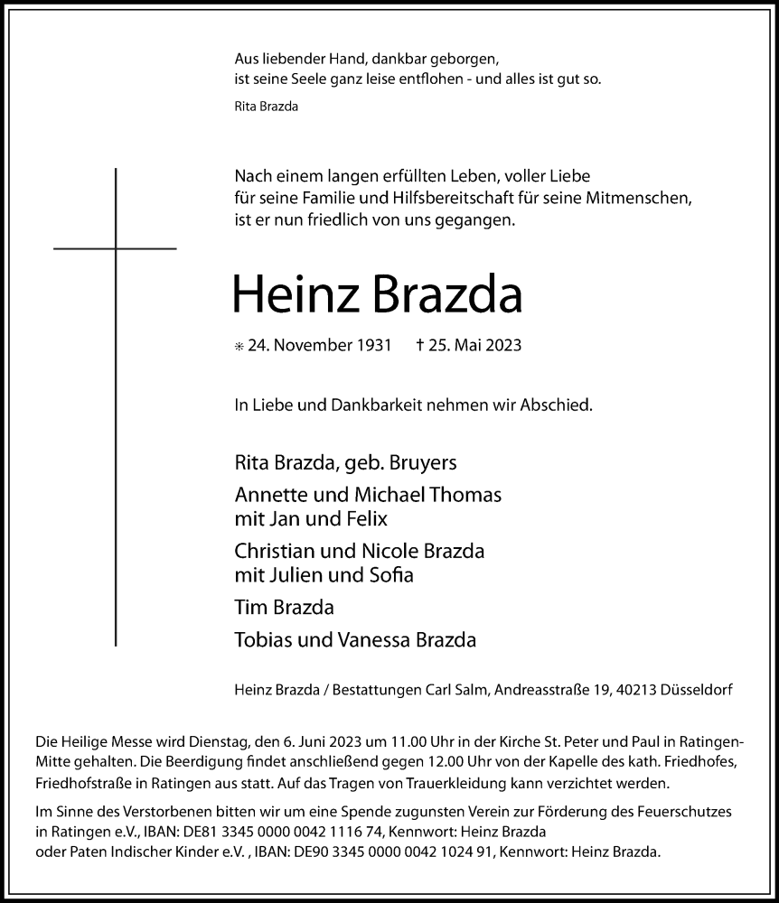  Traueranzeige für Heinz Brazda vom 03.06.2023 aus Rheinische Post