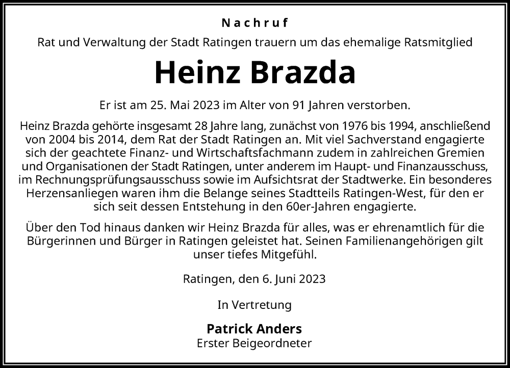  Traueranzeige für Heinz Brazda vom 10.06.2023 aus Rheinische Post