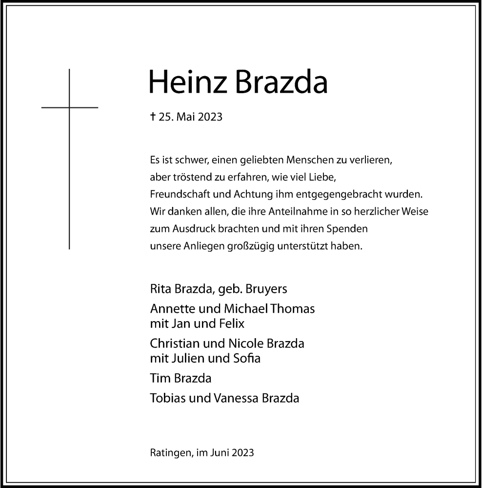  Traueranzeige für Heinz Brazda vom 17.06.2023 aus Rheinische Post