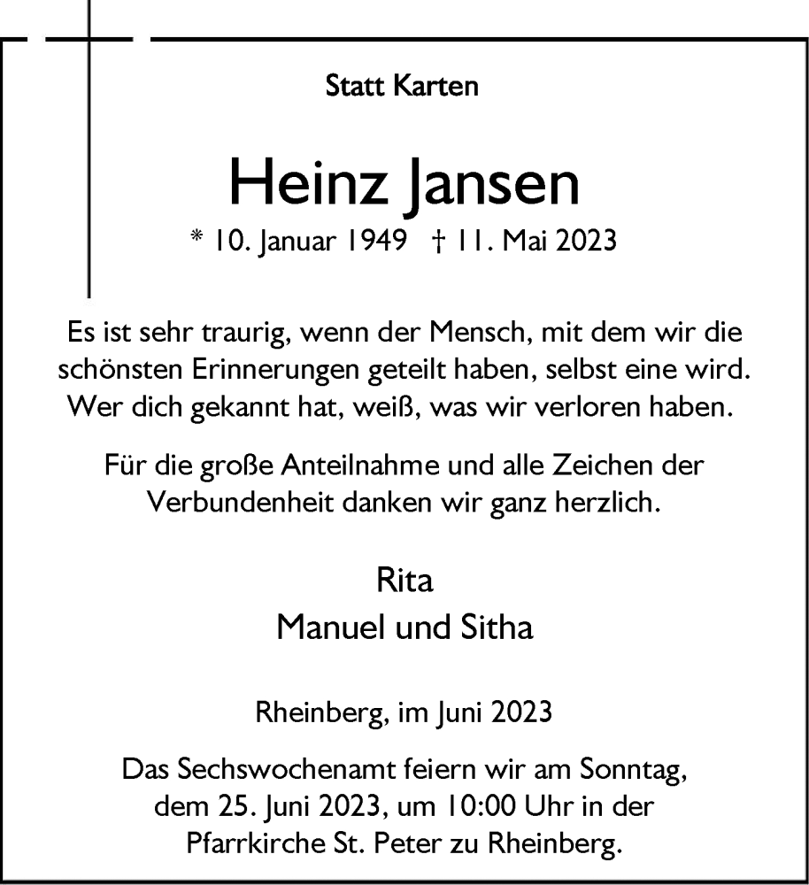  Traueranzeige für Heinz Jansen vom 21.06.2023 aus Rheinische Post
