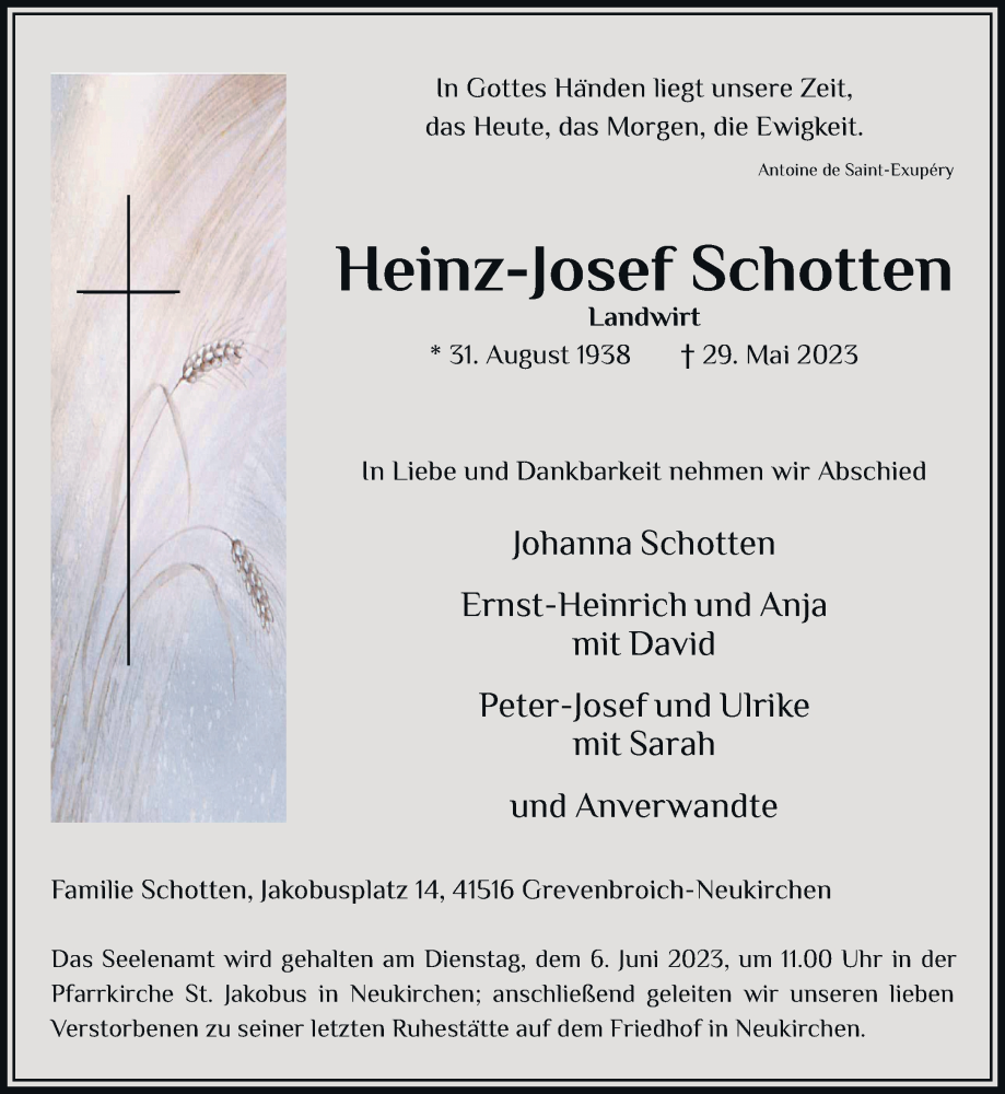  Traueranzeige für Heinz-Josef Schotten vom 03.06.2023 aus Rheinische Post