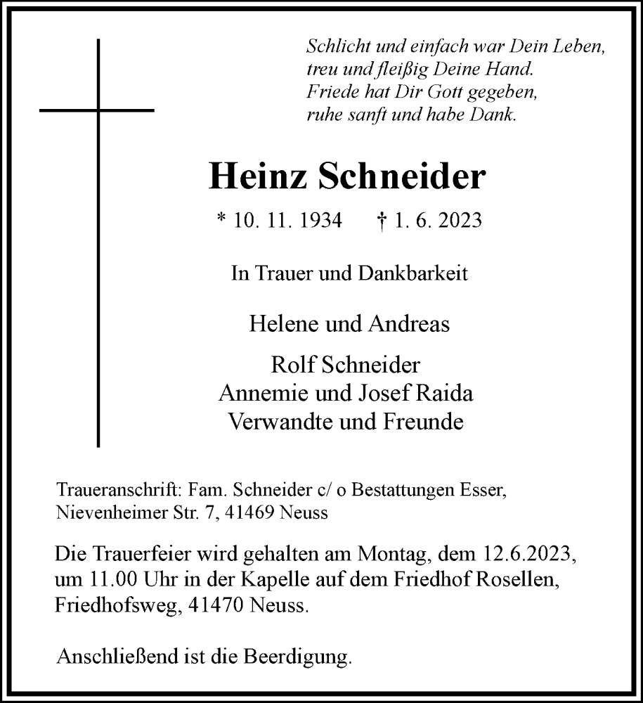  Traueranzeige für Heinz Schneider vom 03.06.2023 aus Rheinische Post