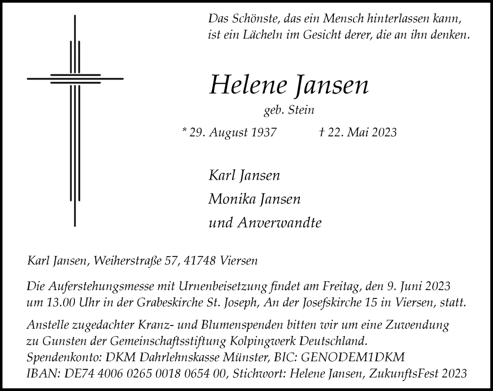  Traueranzeige für Helene Jansen vom 03.06.2023 aus Rheinische Post