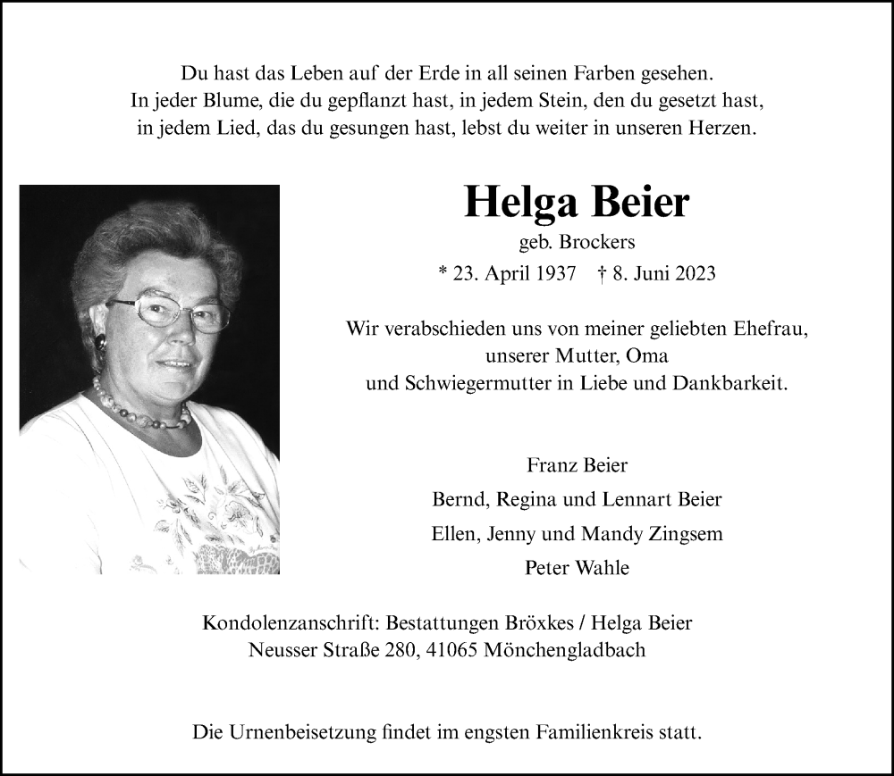  Traueranzeige für Helga Beier vom 24.06.2023 aus Rheinische Post