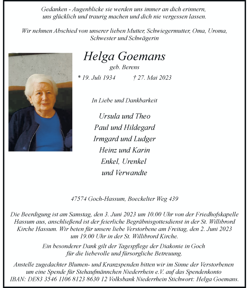  Traueranzeige für Helga Goemans vom 01.06.2023 aus Rheinische Post