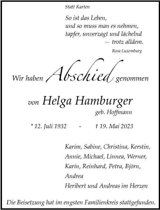 Traueranzeige von Helga Hamburger von Rheinische Post