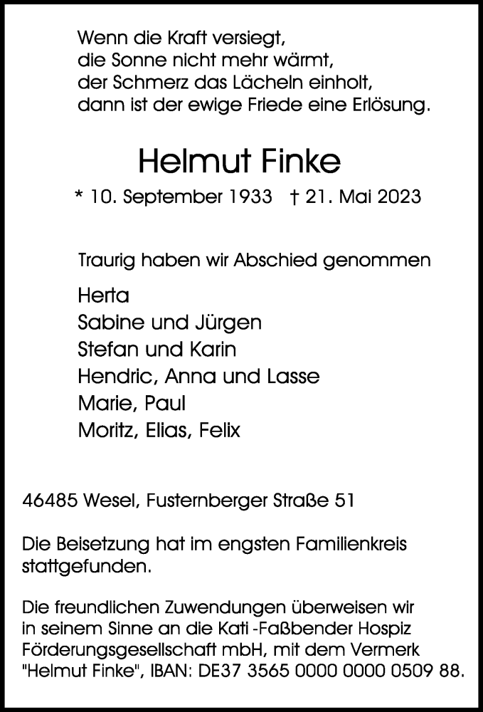  Traueranzeige für Helmut Finke vom 07.06.2023 aus Rheinische Post