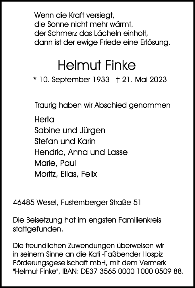  Traueranzeige für Helmut Finke vom 10.06.2023 aus Rheinische Post