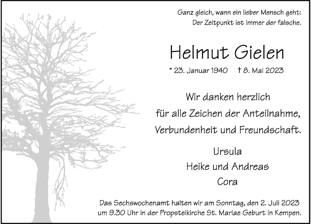  Traueranzeige für Helmut Gielen vom 17.06.2023 aus Rheinische Post