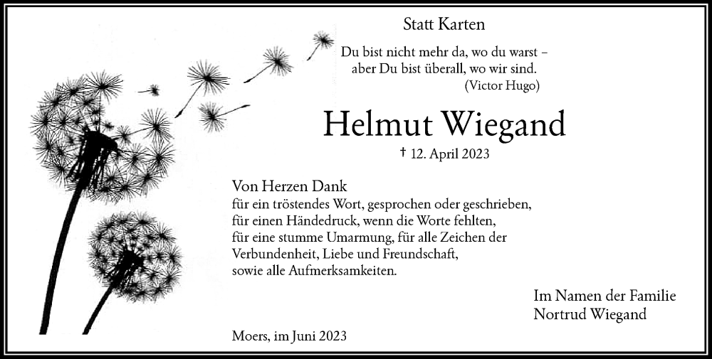  Traueranzeige für Helmut Wiegand vom 10.06.2023 aus Rheinische Post