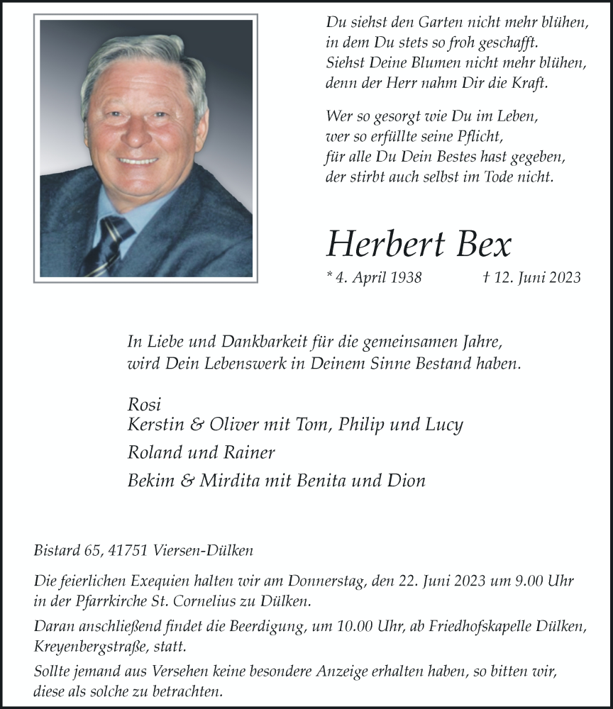  Traueranzeige für Herbert Bex vom 17.06.2023 aus Rheinische Post