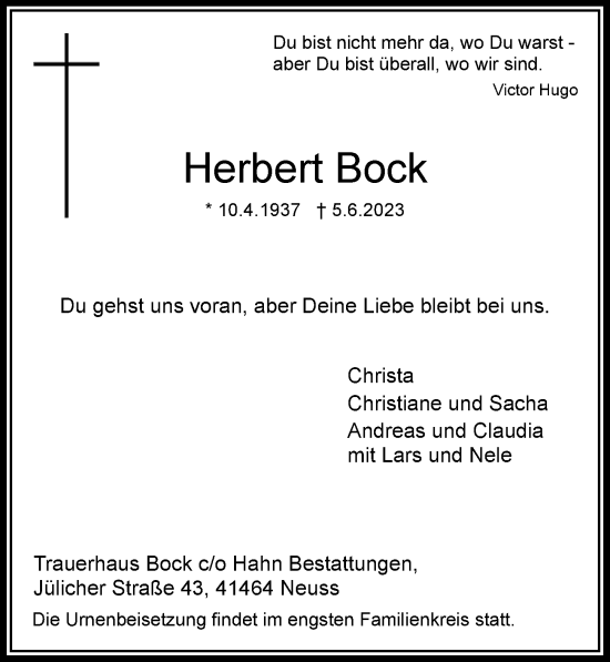 Traueranzeige von Herbert Bock von Rheinische Post