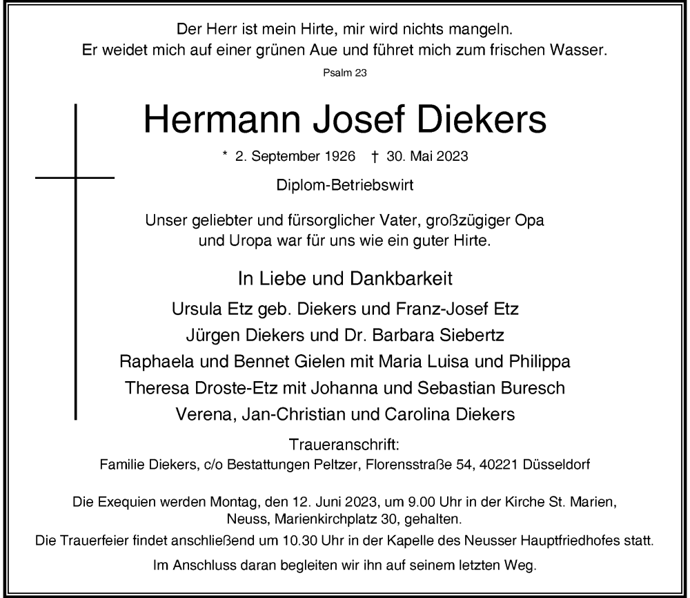  Traueranzeige für Hermann Josef Diekers vom 03.06.2023 aus Rheinische Post