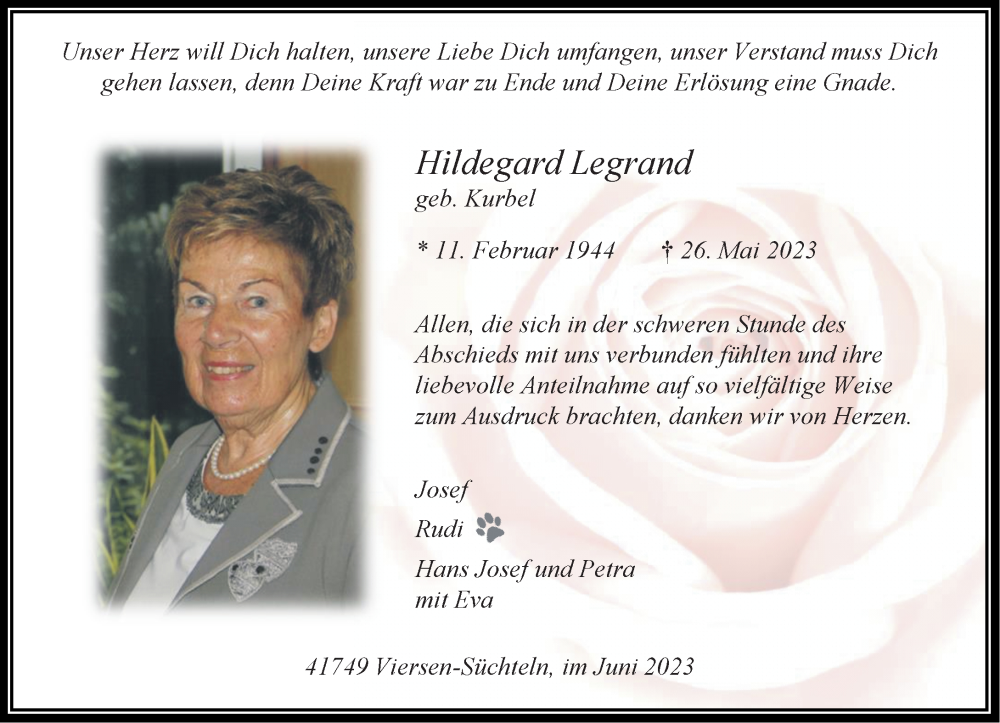  Traueranzeige für Hildegard Legrand vom 17.06.2023 aus Rheinische Post