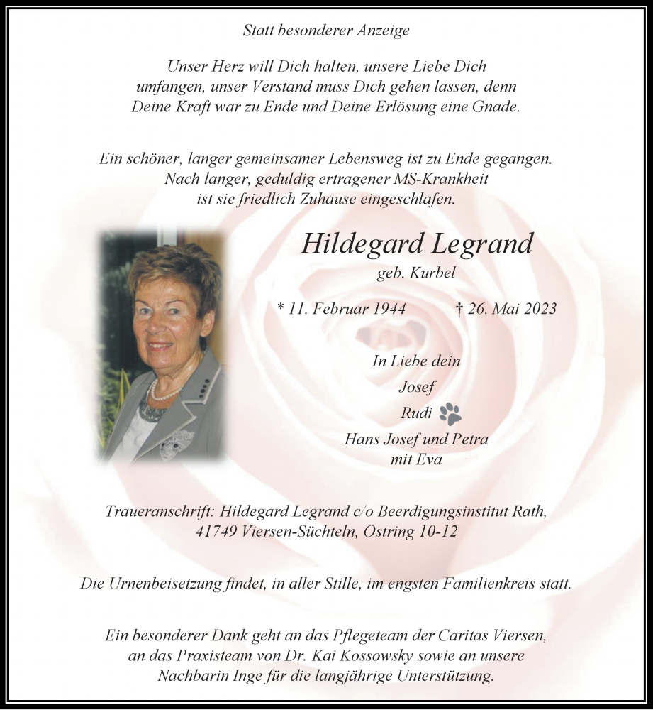  Traueranzeige für Hildegard Legrand vom 03.06.2023 aus Rheinische Post