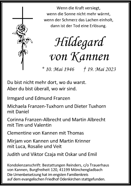 Traueranzeige von Hildegard von Kannen von Rheinische Post