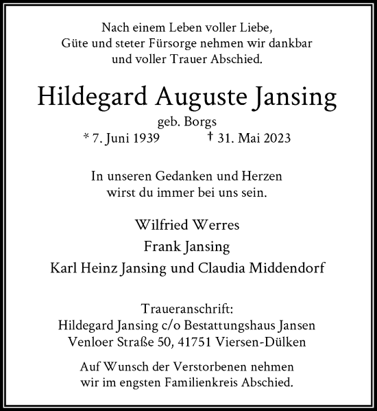 Traueranzeige von Hildegard Auguste Jansing von Rheinische Post