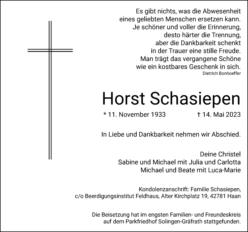  Traueranzeige für Horst Schasiepen vom 03.06.2023 aus Rheinische Post