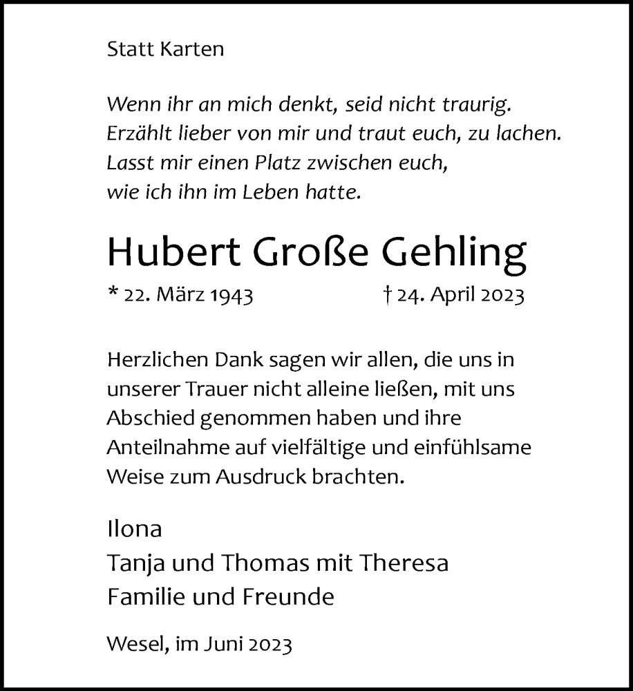  Traueranzeige für Hubert Große Gehling vom 07.06.2023 aus Rheinische Post