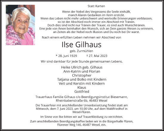 Traueranzeige von Ilse Gilhaus von Rheinische Post