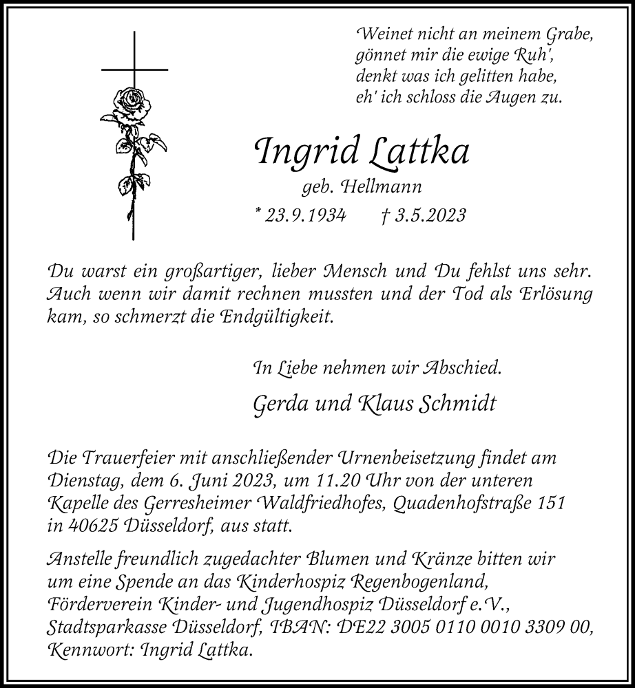  Traueranzeige für Ingrid Lattka vom 03.06.2023 aus Rheinische Post